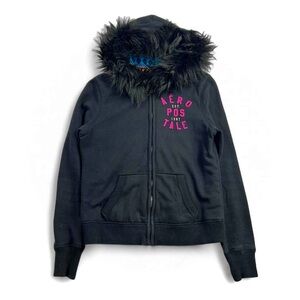 Aéropostale Rare black fur-hood full-zip hoodie Size XL has pockets!!